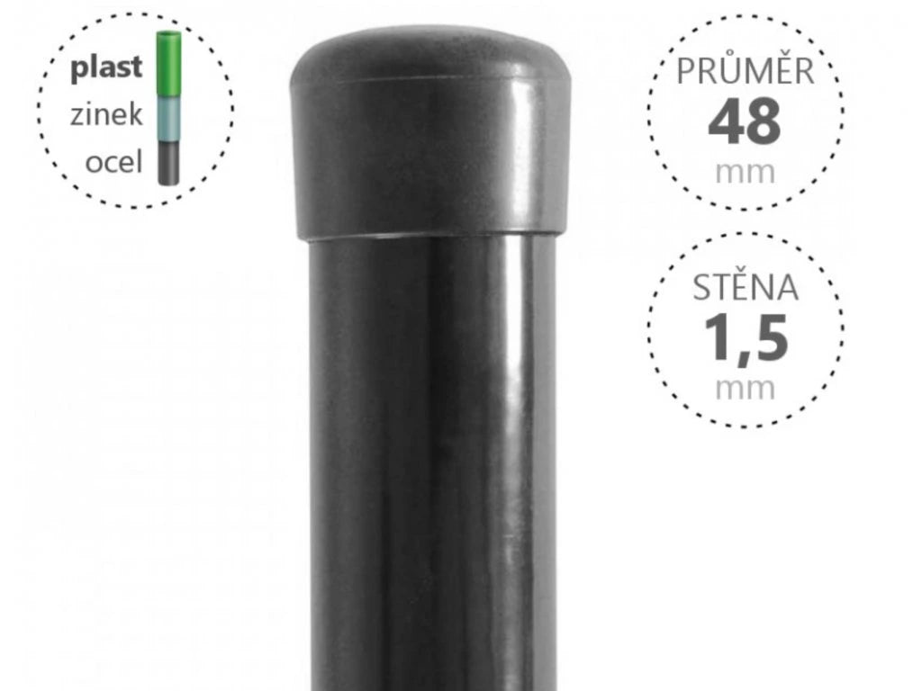 Plotový sloupek, antracit, průměr 48 mm, síla stěny 1,5/2 mm, bez držáčku ND
